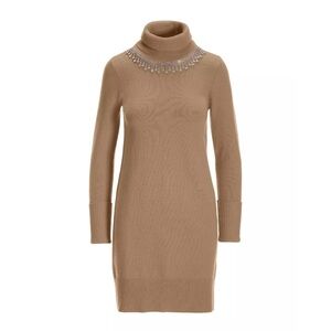 Boston Proper Rhinestone Embellished Turtleneck Sweater Dress Size M Tan Brown